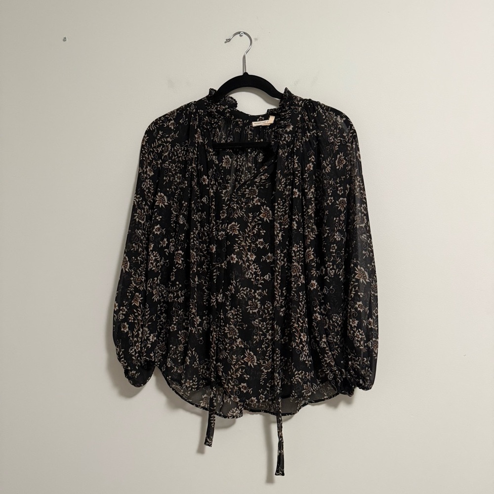 Anthropologie Meadow Rue Floral Print Sheer Tie Neck Blouse Black XS